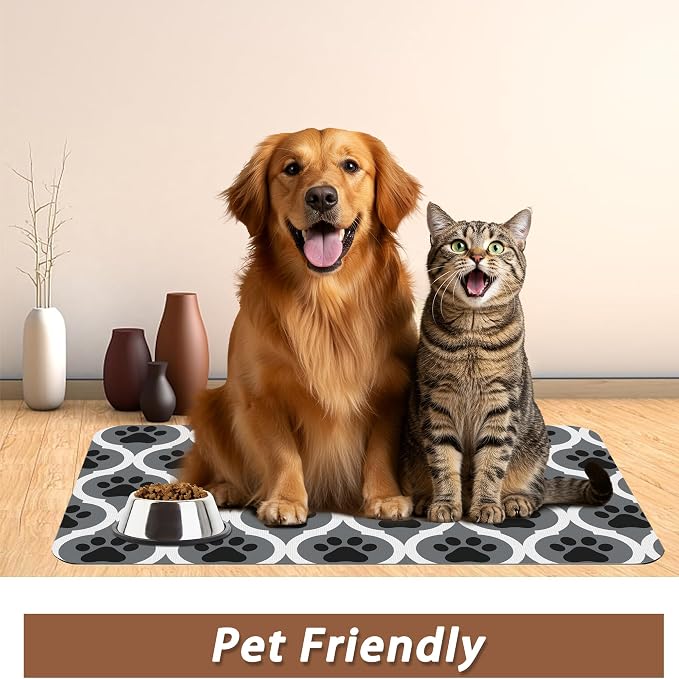 Gray Paw Print Geometric Dog Cat Food Mat, Absorbent Pet Feeding Mat - Image 6