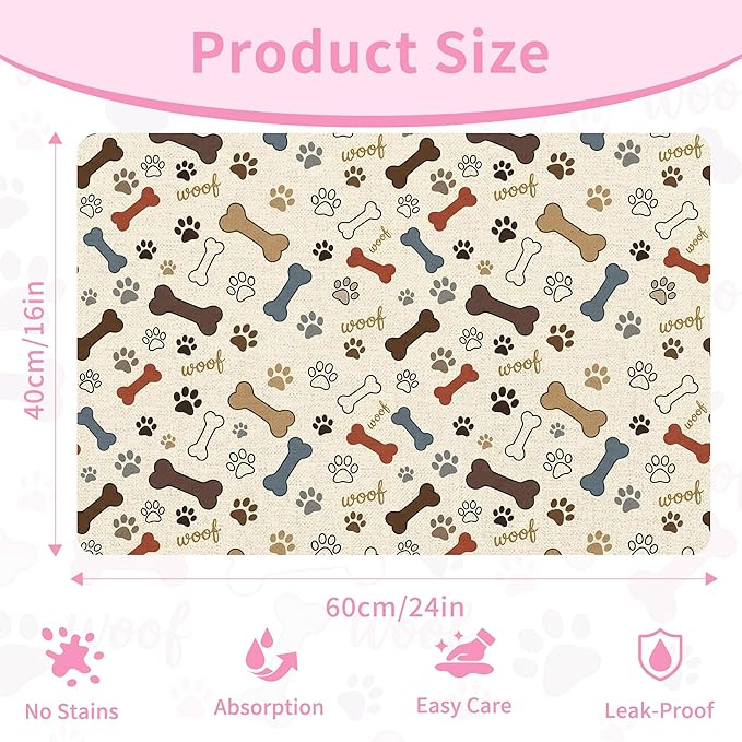 Dog Feeding Mat 24 x 16 Inch, Neutral Paw Bone Woof Dog Placemat Absorbent - Image 2
