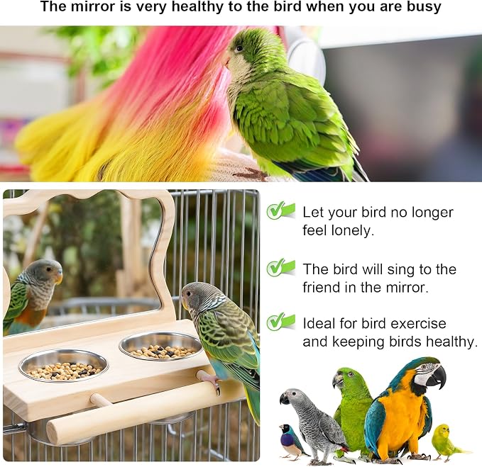 Bird Perch Platform Toy with Mirror, Standing Rack & Stainless Steel Bowl - Image 4