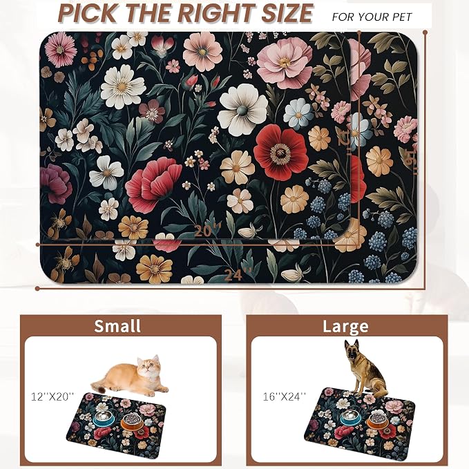 Floral Boho Dog Cat Food Mat, Non-Slip Water Bowl Placemat, Indoor Pet - Image 2