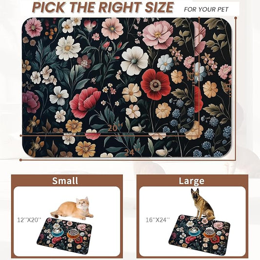 Floral Boho Dog Cat Food Mat, Non-Slip Water Bowl Placemat, Indoor Pet - Image 2