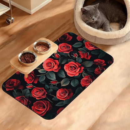 Retro Rose Feeding Mat, Non-Slip Rubber Backing Mat, Cat Dog Accessories by Unknown