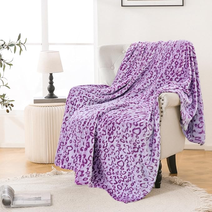 Bnuitland Purple Leopard Print Flannel Throw Blanket, 300 GSM Double Sided by BNUITLAND