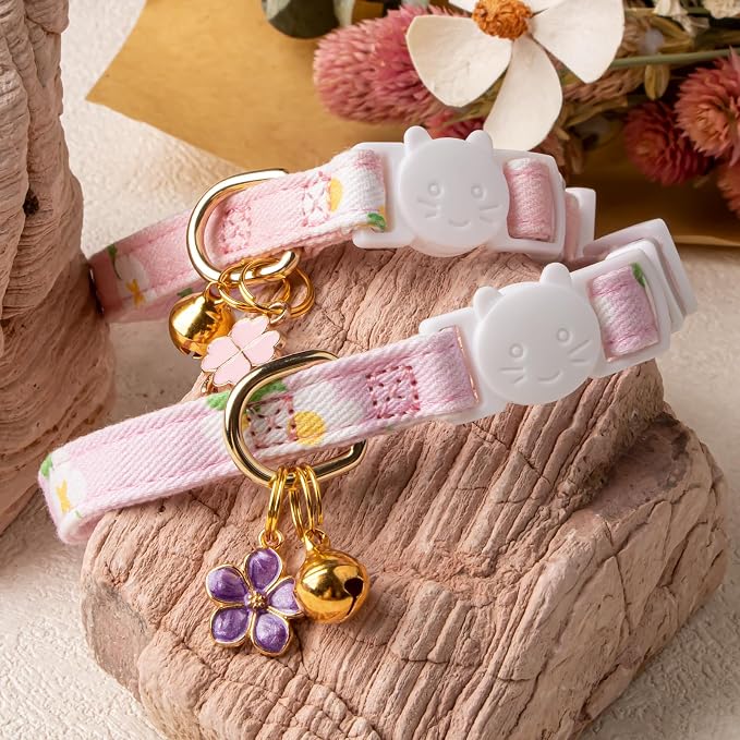 2 Pack Cotton Breakaway Cat Collar Purple and Pink Flowers Pendant Cute Kitten - Image 5