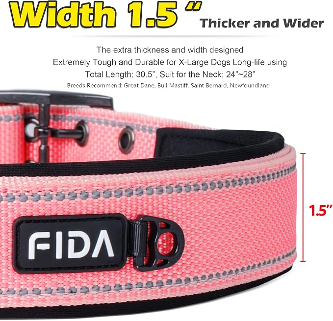 Fida Heavy Duty Dog Collar 1.5” Width, Ultra Soft Neoprene Padded, Adjustable - Image 3