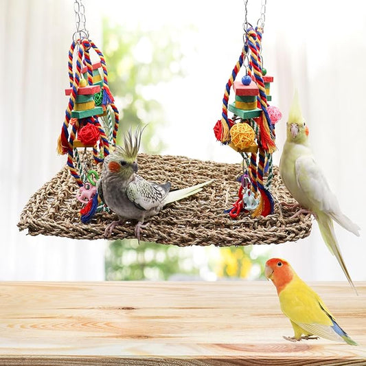 Large Bird Swing Toys, Colorful Parrot Seagrass Mat Hammock - Image 2