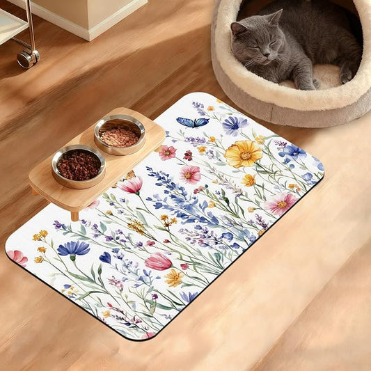 Flowers Butterfly Dog Food Mat, Colorful Absorbent Pet Feeding Mat by Unknown