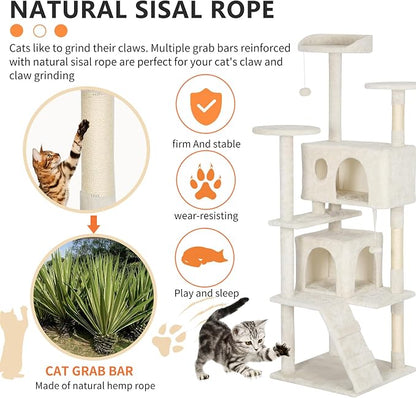 BestPet | 62" Cat Tree Tower | Beige | Sturdy, Hanging Cat Toys, Observation - Image 4