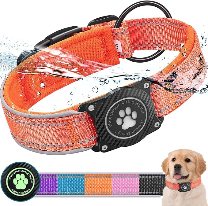Airtag Dog Collar with Waterproof Air Tag Holder, Luminous Reflective, Soft by OKVSKO