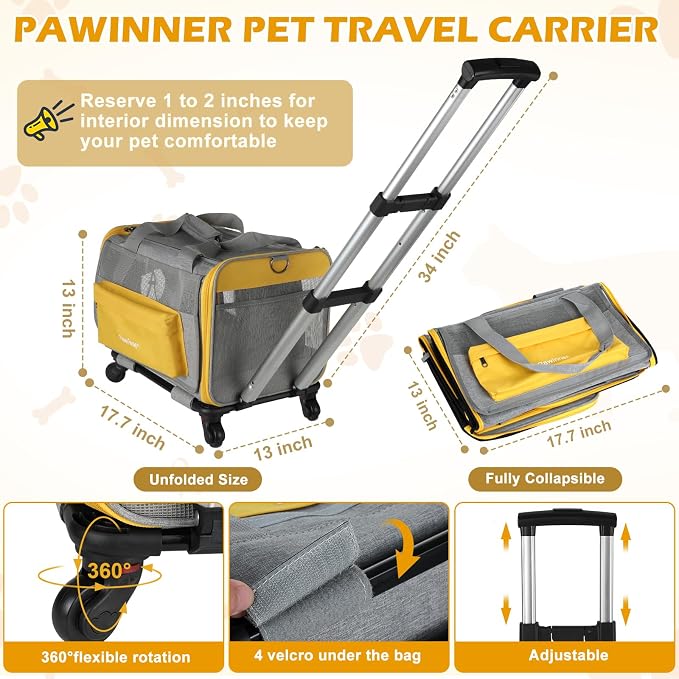 Pawinner Pet Carrier with Wheels, 17.7" x 13" x 13" Airline Approved Cat Carrier - Image 5