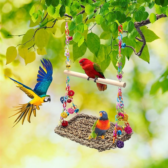 Bird Swing Mat with Wood Perch, AHIER Seagrass Bird Hammock - Image 5