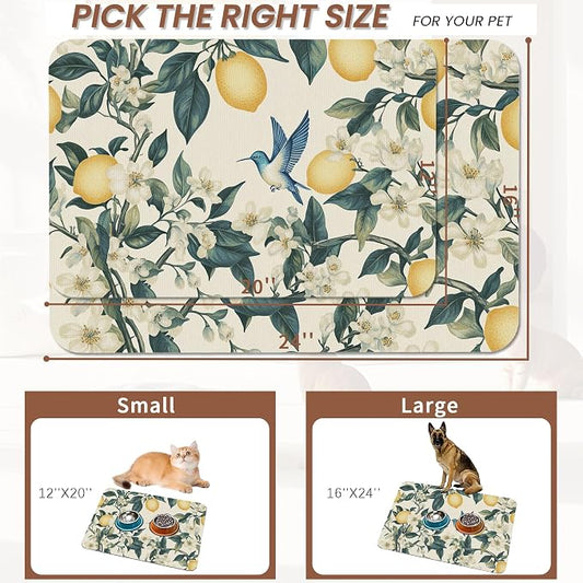 Hummingbird Dog Food Mat for Floors, Vintage Lemon Absorbent Quick-Dry Pet - Image 2