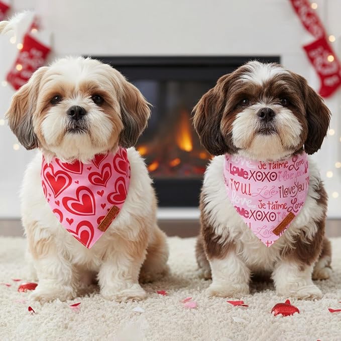 ADOGGYGO Valentine Dog Bandanas 2 Pack, Reversible Heart Love Print Puppy Scarf - Image 2