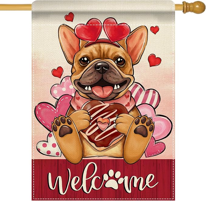 Artofy Welcome Valentines Day French Bulldog Dog Large Decorative House Flag by Artofy
