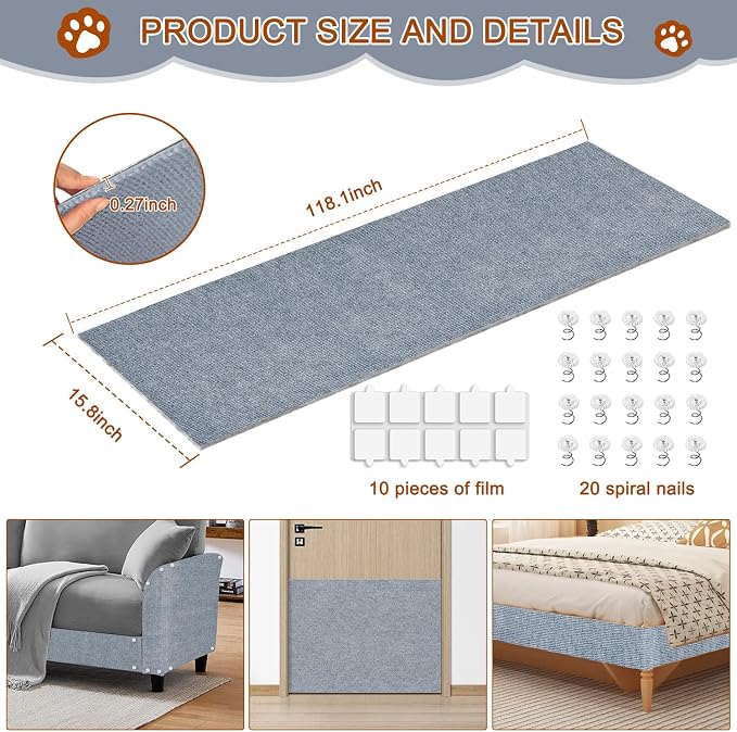 Cat Scratching Mat, 118.5"x15.9" Trimmable Self-Adhesive Cat Scratch Carpet - Image 2