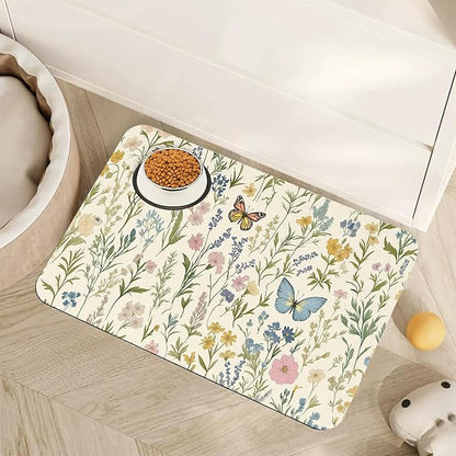 Wildflowers Dog Cat Food Mat, Vintage Botanical Garden Plants Herb Butterfly by Unknown