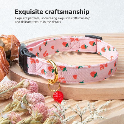 Cotton Handmade Dog Collar Cute and Distinctive Patterns Pink Strawberries - Image 5