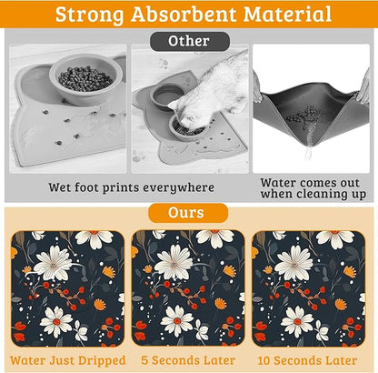 Floral Black Feeding Mat, Absorbent Quick-Dry Cat Dog Food and Water Bowl Mats - Image 3