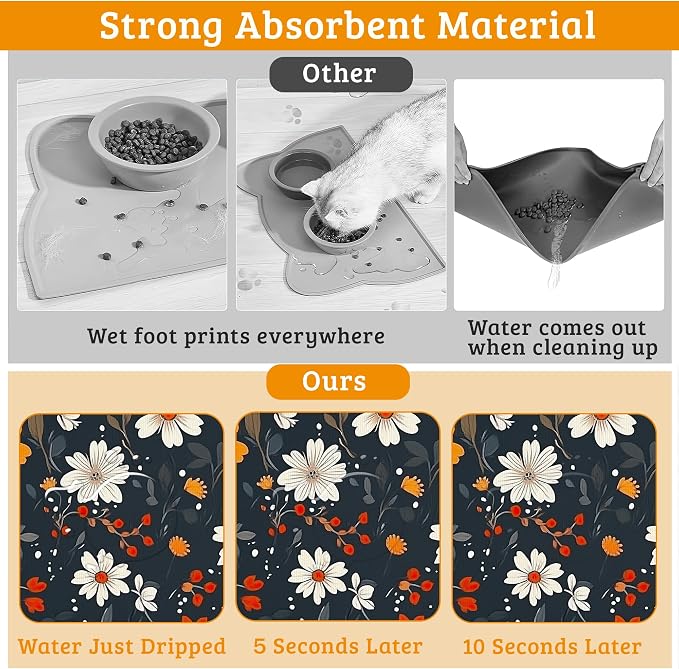 Floral Black Feeding Mat, Absorbent Quick-Dry Cat Dog Food and Water Bowl Mats - Image 3