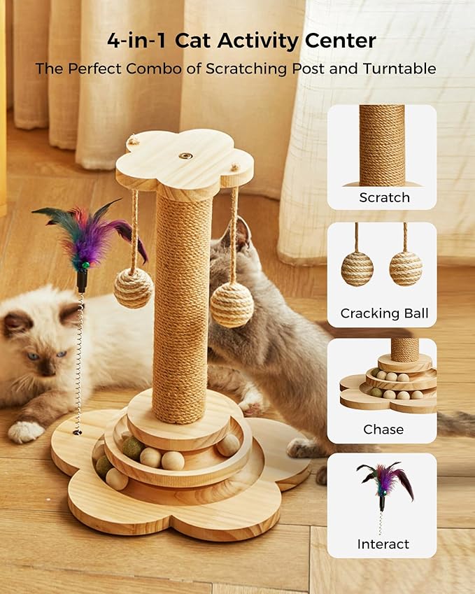 Cat Scratching Post, 4 in 1 Wooden Cat Scratcher Toy, 17.7" Tall Scratch Post - Image 2