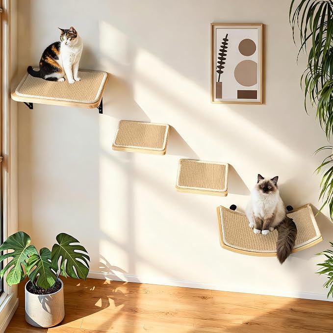 Cat Wall Shelves with Sisal Pads, 4-Piece Wooden Cats Furniture Set with Cat by PELUOMOZ