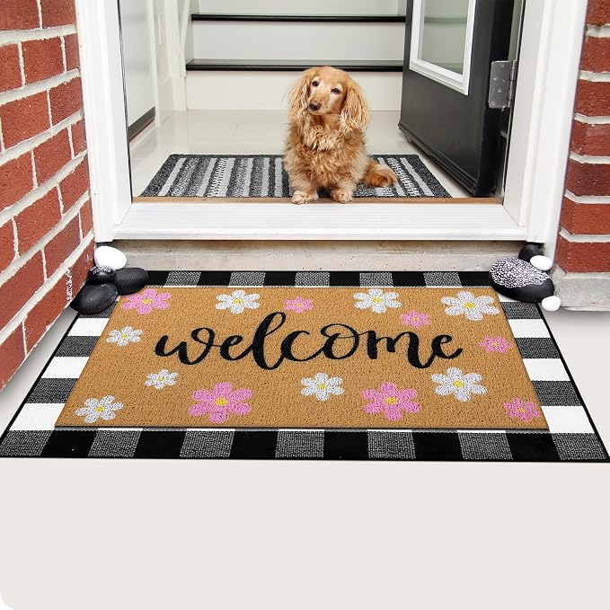Tinideya 2 Pcs Spring Welcome Door Mat Outdoor Pink Flower Doormats - Image 5