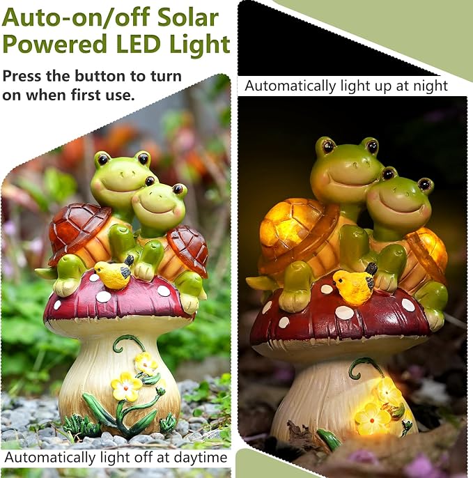 Solar Light Turtle Garden Statue, Turtle on Mushroom Figurine, Lovely Tortoise - Image 2
