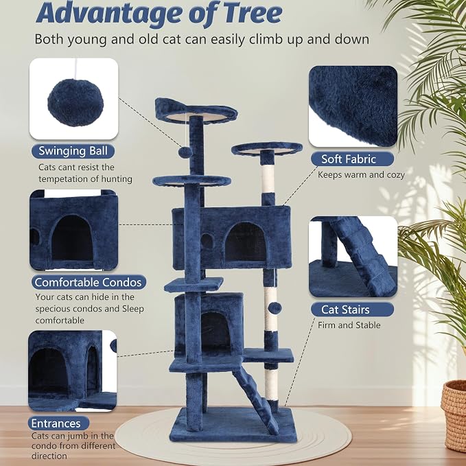 FDW | 54" Cat Tree Tower | Dark Blue | Multi-Level Indoor Activity Center - Image 3