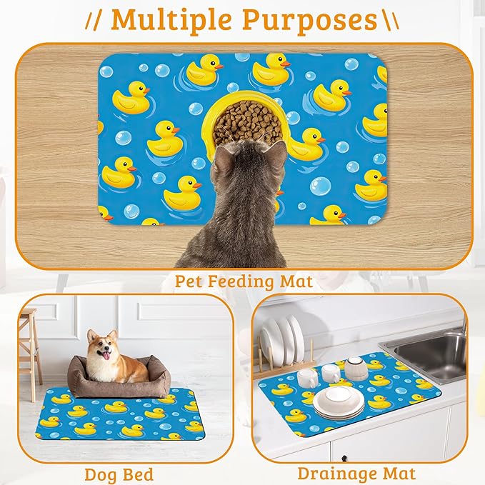 Yellow Rubber Ducks Dog Food Mat, Soap Bubbles Absorbent Pet Feeding Mat - Image 7