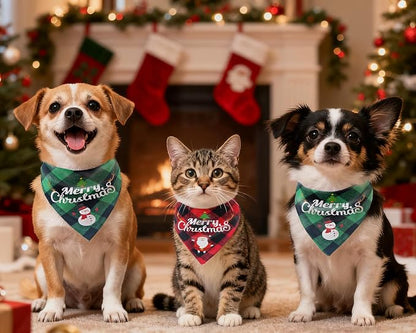 Christmas Dog Bandanas 2PCS-Small, Classic Plaid Triangle Holiday Scarf - Image 6