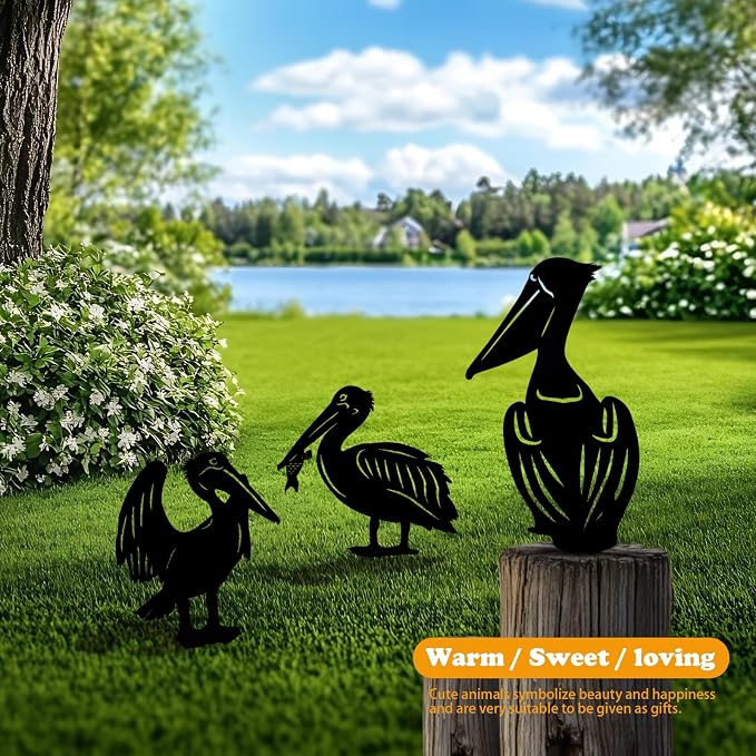 3 Pack Pelican Metal Garden Decorative Stakes, Weather Proof Silhouette Statues - Image 2