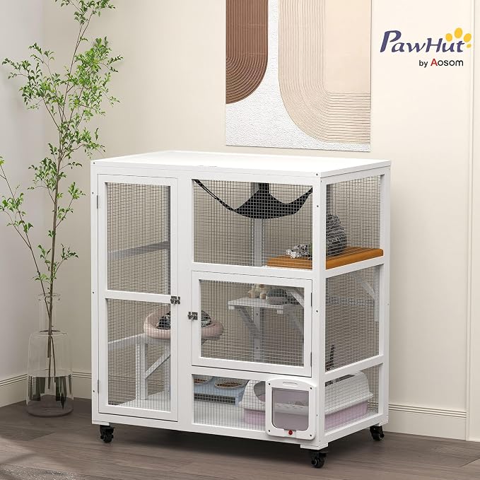 PawHut Indoor Wooden Catio, Cat House Cat Enclosure on Wheels - Image 2
