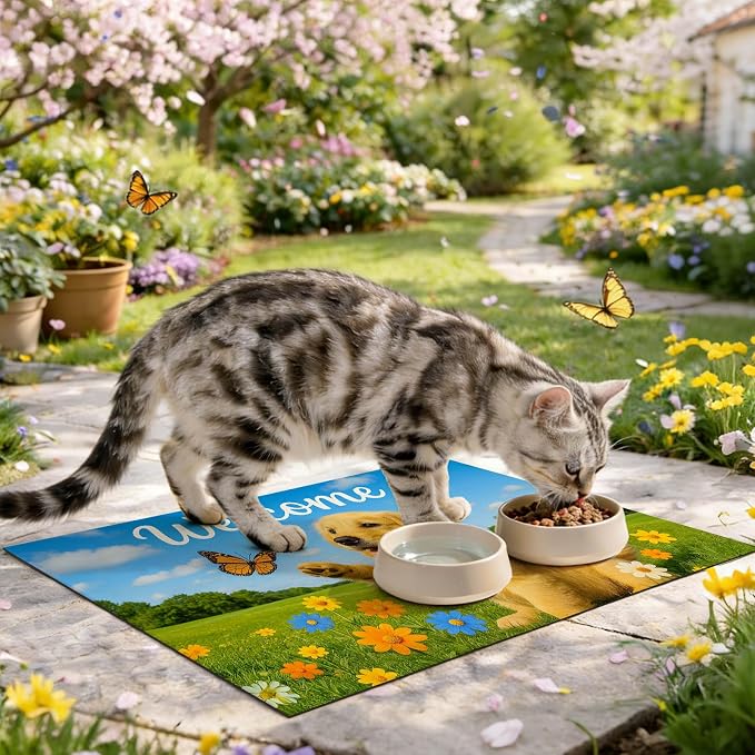 Welcome Spring Pet Feeding Mat 24" x 16" Non Slip Dog and Cat Food Mat Easy - Image 7