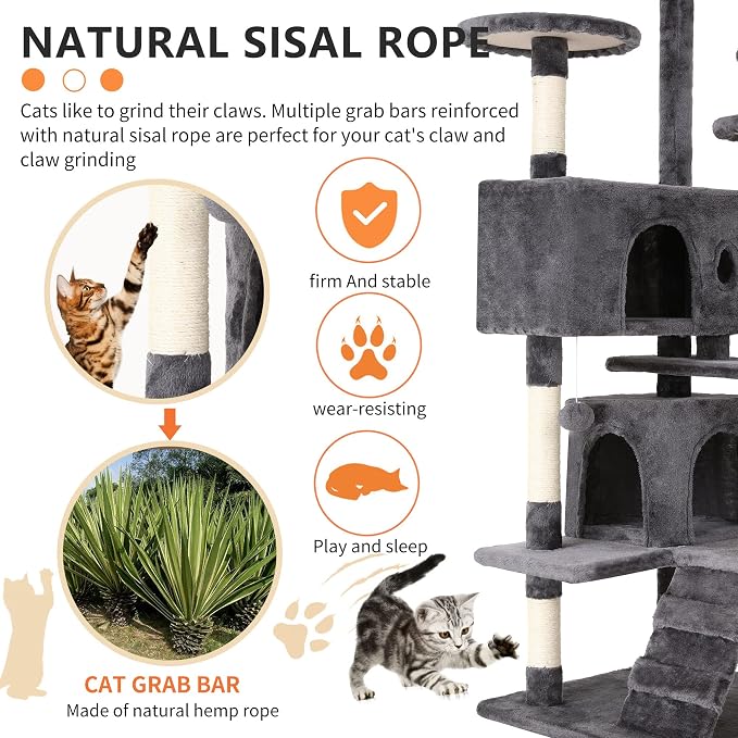 BestPet | 54" Cat Tree Tower | Light Gray | Sturdy, Hanging Cat Toys, - Image 4