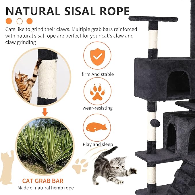 BestPet | 54" Cat Tree Tower | Dark Gray | Sturdy, Hanging Cat Toys, - Image 4