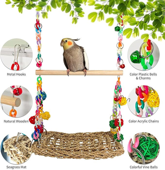 Natural Bird Swing Toys with Wood Perch, Double Layer Bird Seagrass Woven - Image 2