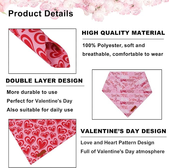 ADOGGYGO Valentine Dog Bandanas 2 Pack, Reversible Heart Love Print Puppy Scarf - Image 5
