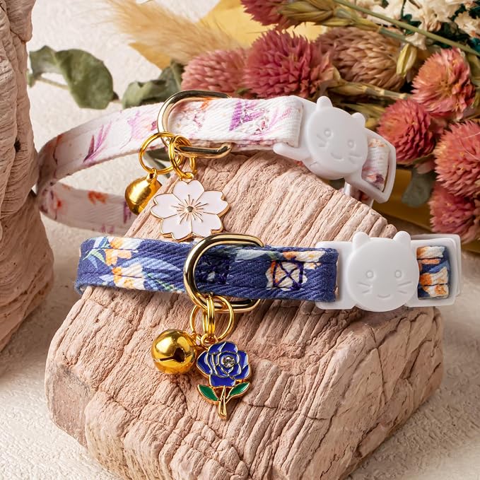 2 Pack Cotton Breakaway Cat Collar White and Blue Flowers Pendant Cute Kitten - Image 7