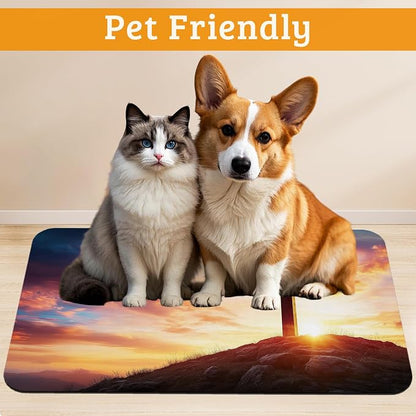 Pet Feeding Mat, Cross Absorbent Dog Cat Food Mat Sunset Dog Mat - Image 2