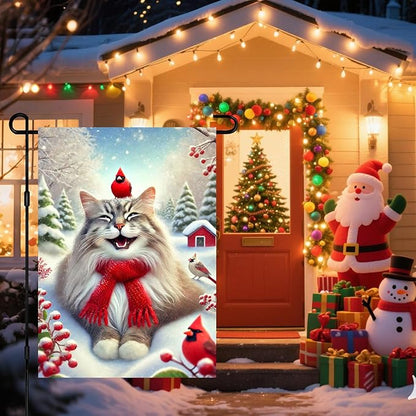 Christmas Garden Flag Cute Cat Red Cardinal Winter Snow Scene Outdoor Yard Flag - Image 2