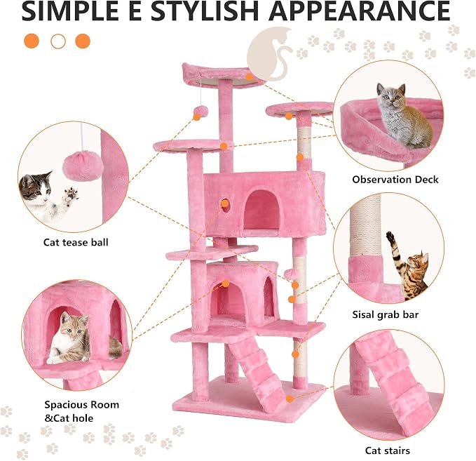BestPet | 54" Cat Tree Tower | Pink | Sturdy, Hanging Cat Toys, Observation - Image 6