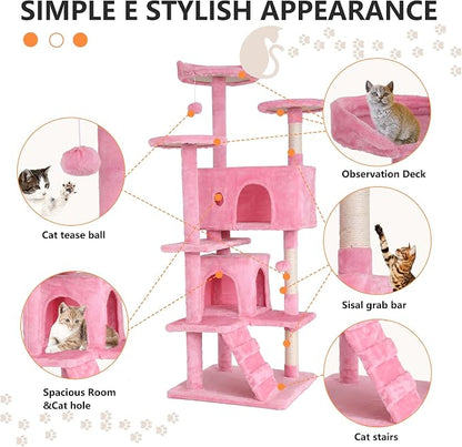 BestPet | 54" Cat Tree Tower | Pink | Sturdy, Hanging Cat Toys, Observation - Image 6