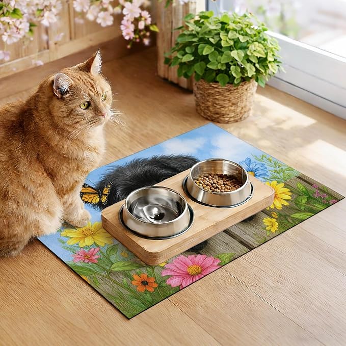 Spring Pet Feeding Mat 24" x 16"Puppy and Butterfly Floral Garden Design Non - Image 4