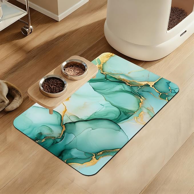 Green Marble Pet Feeding Mat for Floors–Christmas Stocking Absorbent Quick Dry by LUTASER