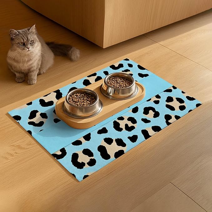 Puppy Feeding Mat 24x16 inch Blue Leopard Print Pet Bowl Placemat Non Slip - Image 9