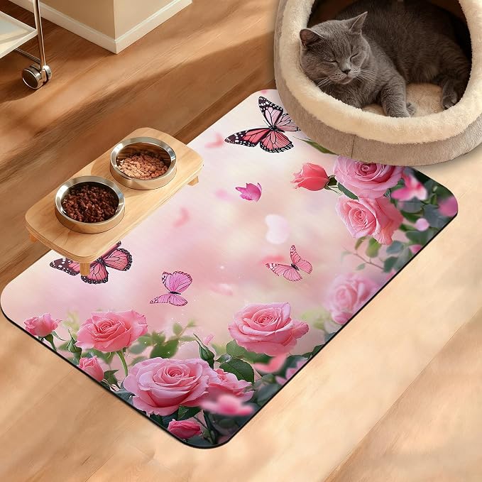 Rose Pink Dog Cat Food Mat, Butterfly Absorbent Waterproof Placemat by Unknown