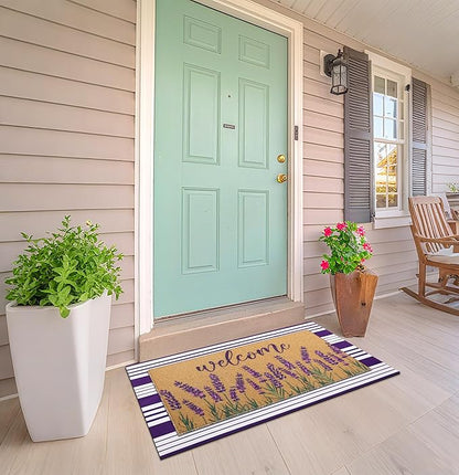 Tinideya 2 Pcs Lavender Door Mat Purple and White Stripe Welcome Non Slip Coir - Image 5