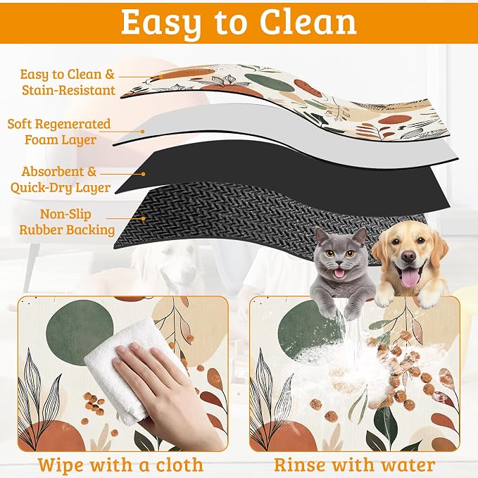 Boho Dog Cat Food Mat, Abstract Leaves Absorbent Waterproof Placemat - Image 5
