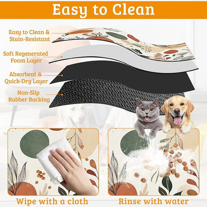 Boho Dog Cat Food Mat, Abstract Leaves Absorbent Waterproof Placemat - Image 5