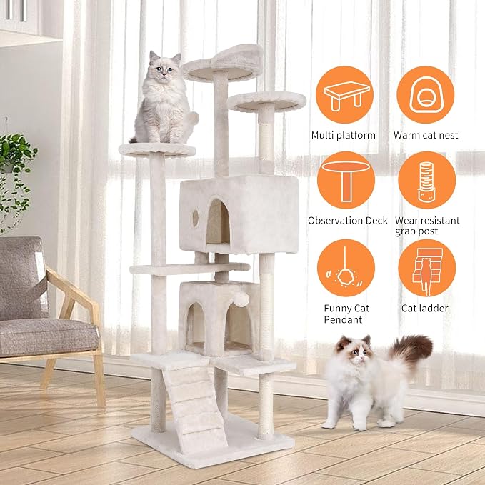 70 Inch Beige Cat Tree, Tall Cat Tower - Image 4